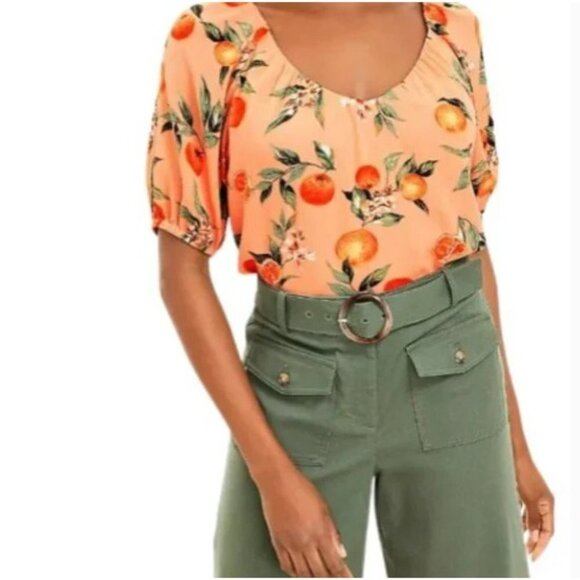 LOFT Top Womens Medium Orange Harvest Sweetheart Neckline Cottagecore Romantic - Picture 4 of 8